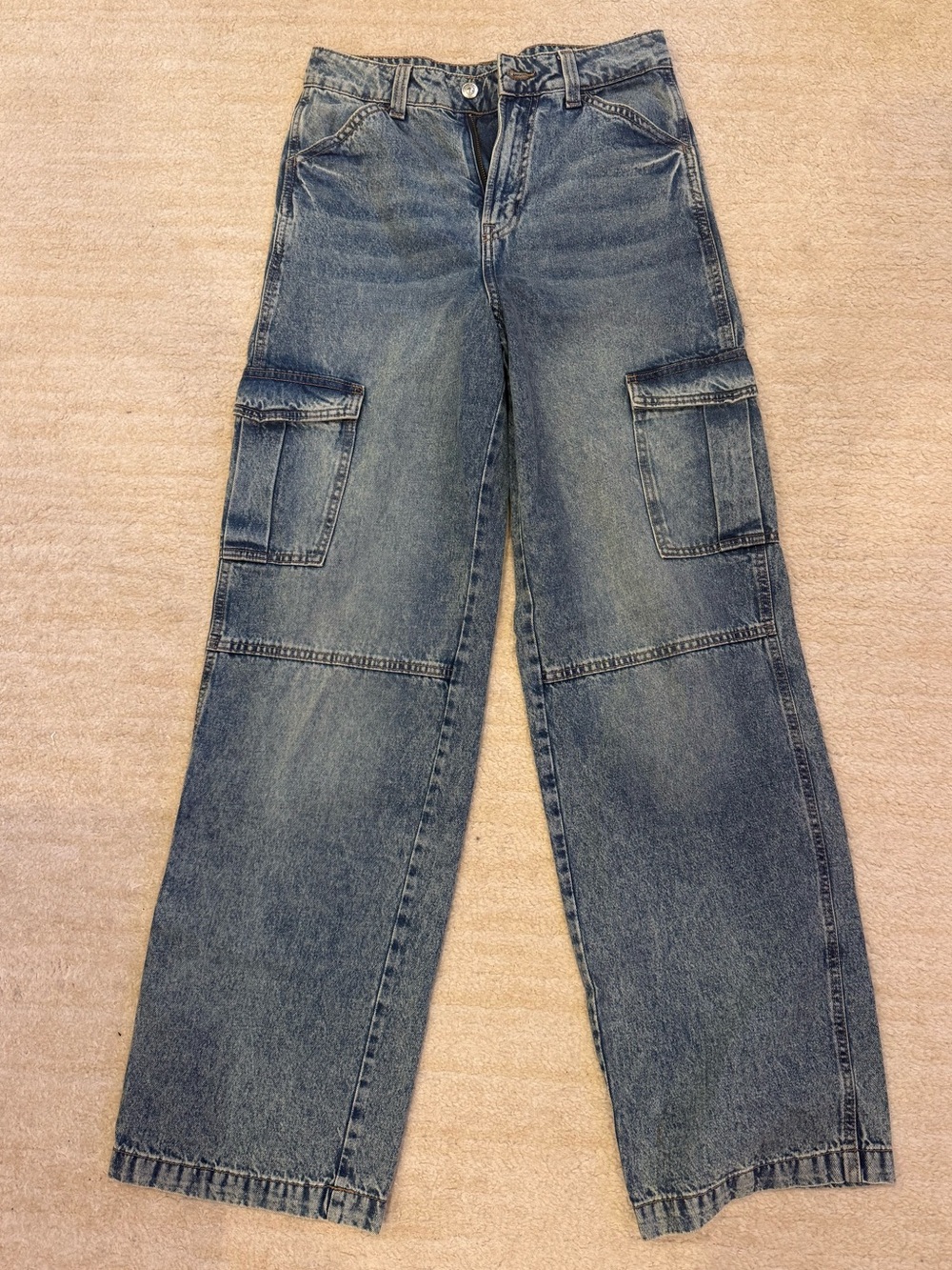 Wide-Leg Cargo Denim Jeans - Blue